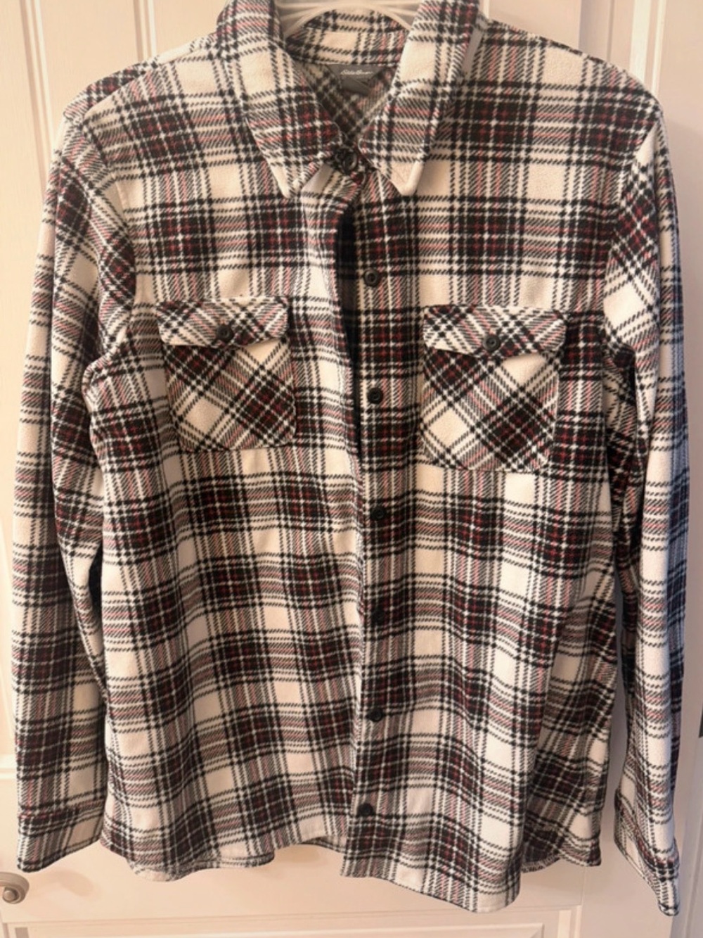Eddie Bauer Cream, Black & Red Plaid Button-Up Shirt Jacket